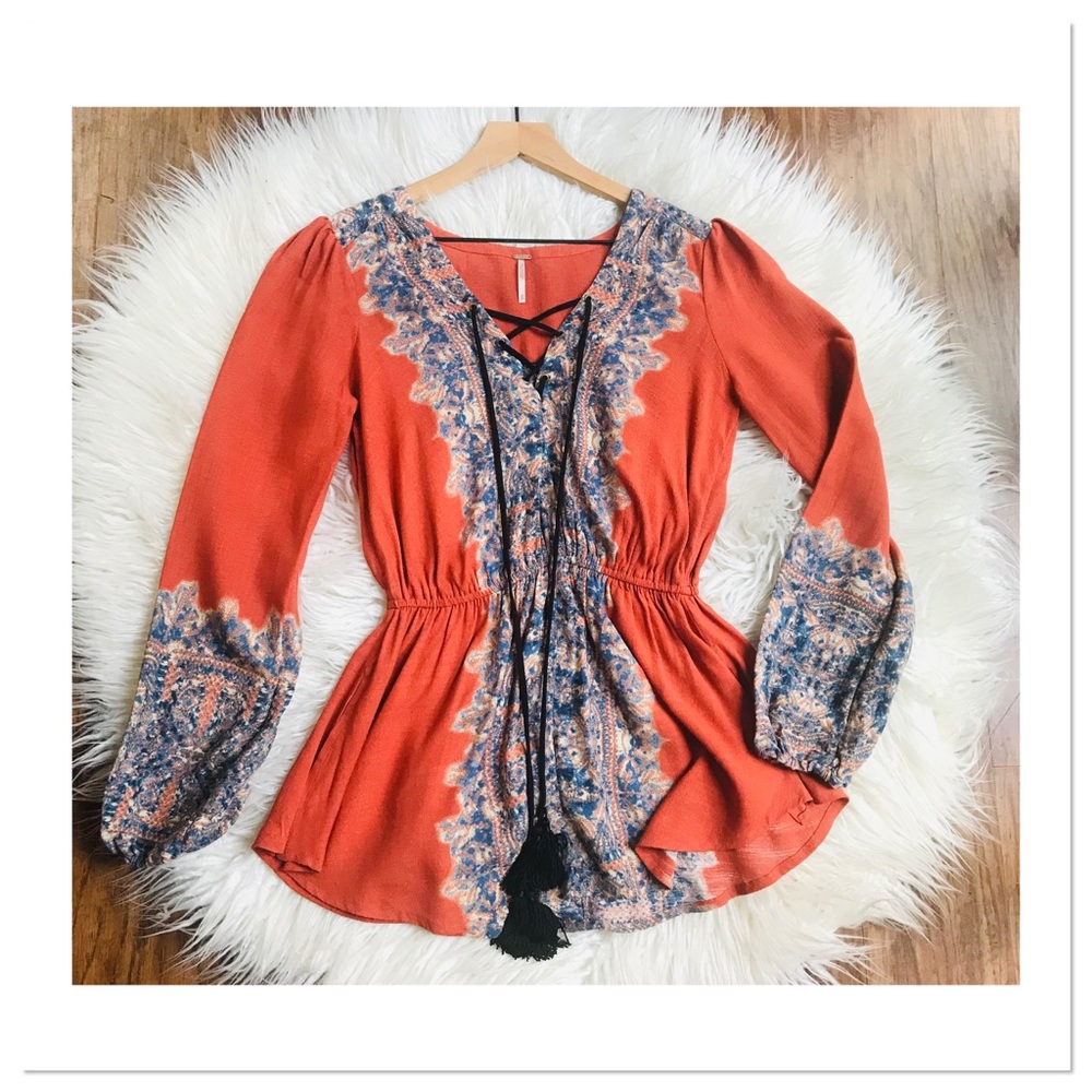 Free People Wildest Moments Tunic Top Paisley Orange Blue Size Extra Small